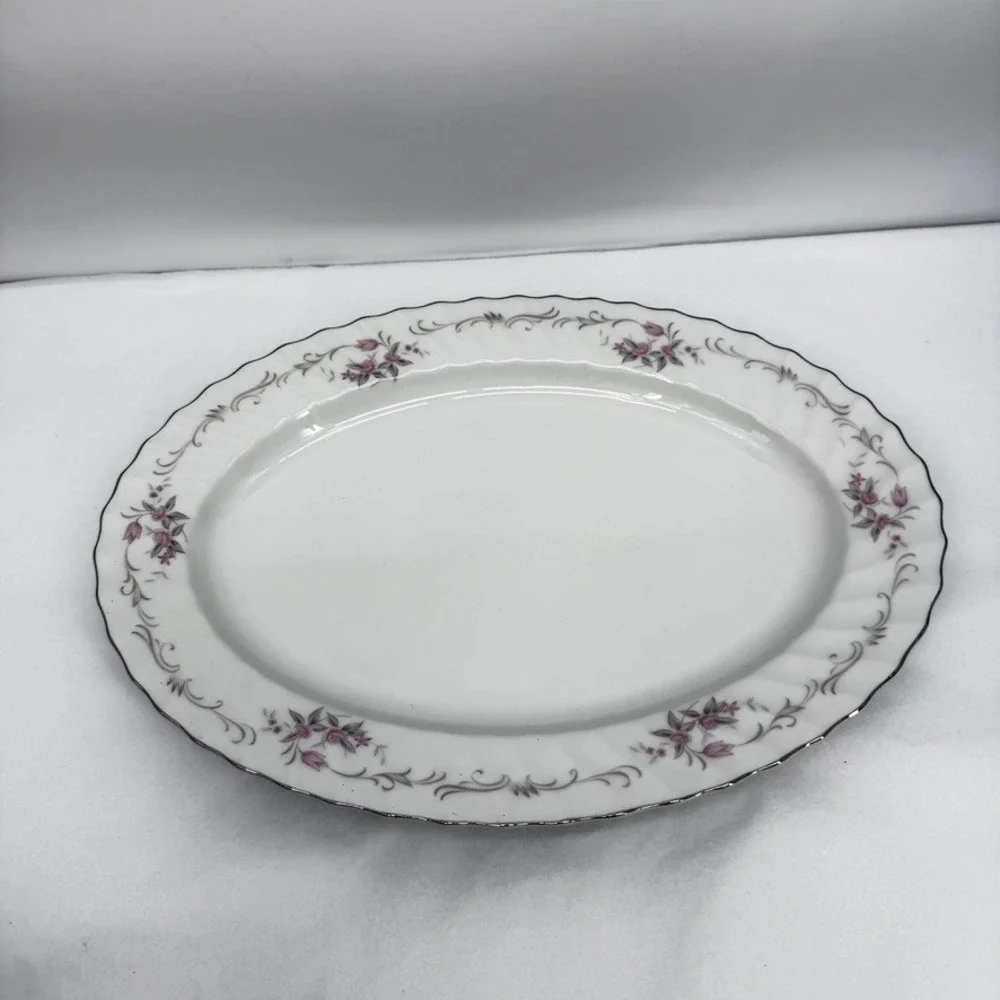 Gold Standard Heavy Platter Floral Pink Silver Trim Vintage Serving 14in w/ Box
